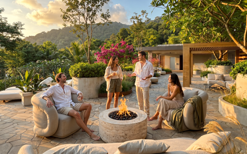 Friends gathered around a fire pit at a luxury Costa Rica villa, reflecting the connection between longevity and lifestyle in real estate