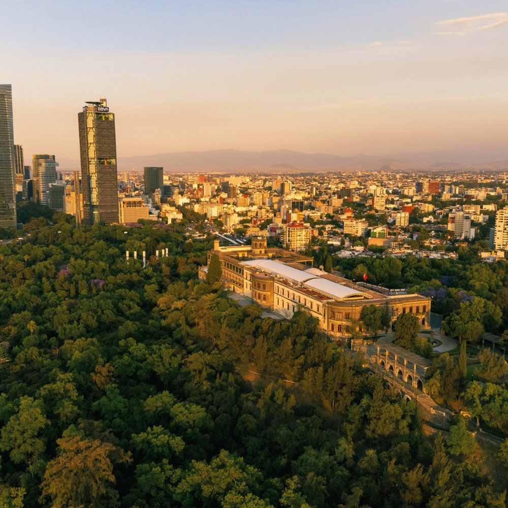 Aerial view of Chapultepec Castle and Chapultepec Park at sunset, Mexico City